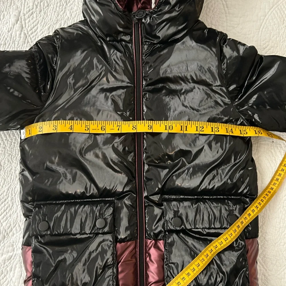 Cozy Coop Metallic Piping Jacket in Black/Ruby. Shiny black puffer size 7 Great!